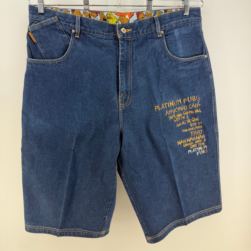 VTG FUBU Junkyard Jorts Men 42 Blue Fat Albert Denim Shorts Baggy Hip Hop Y2K